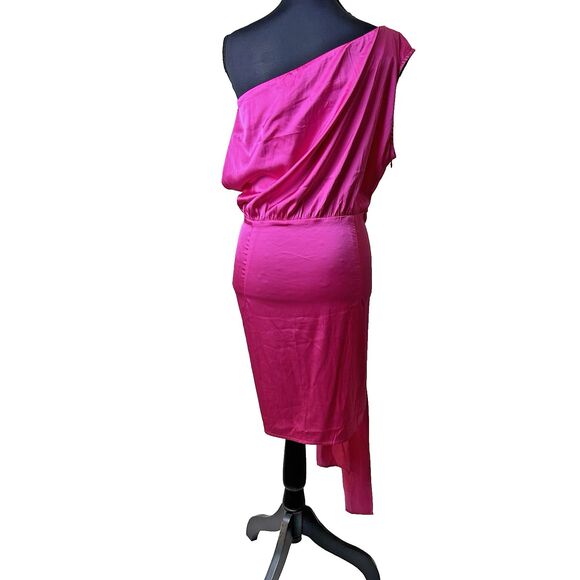 Zesica‎ Womens Fuscia Asymmetrical Midi Dress L Ruched One Shoulder Cutout New - Picture 2 of 13
